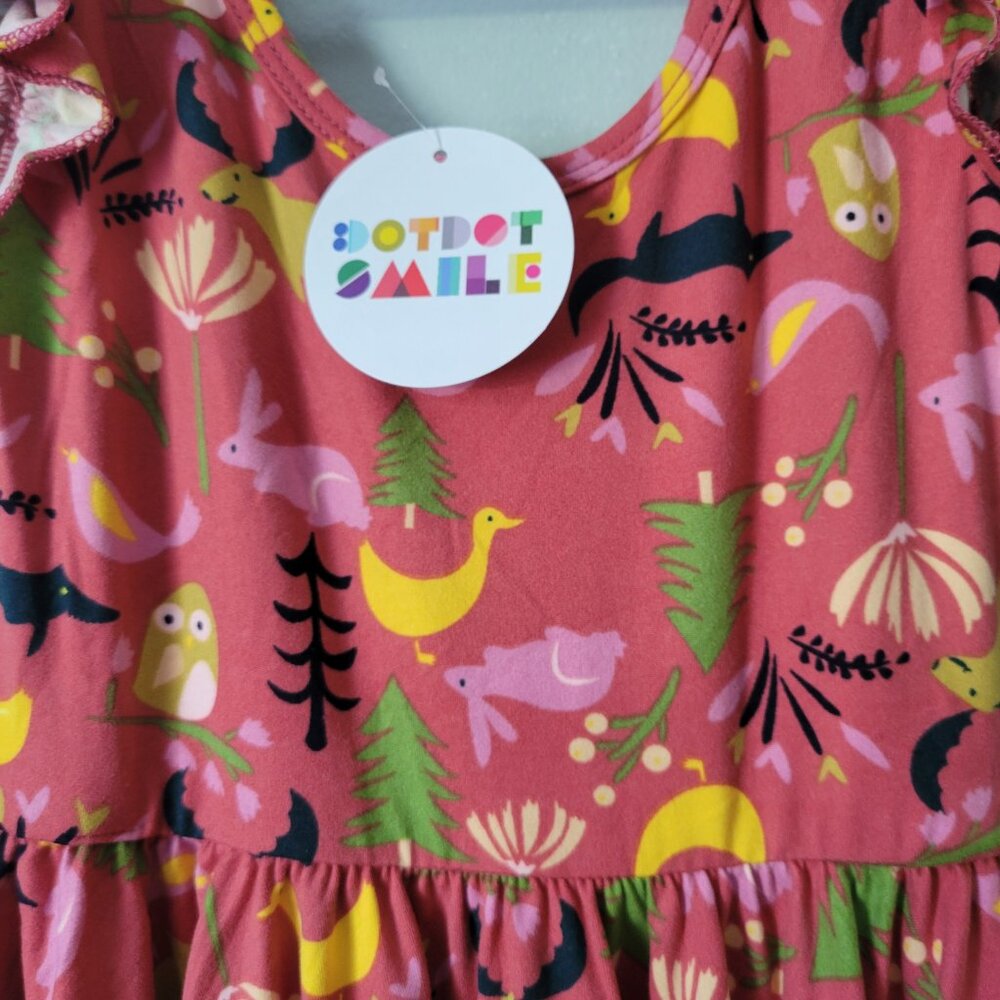 Dot Dot Smile Dress Girl's 5/6 Youth Pink Forest Animals Twirl Empire NWT - Picture 2 of 3